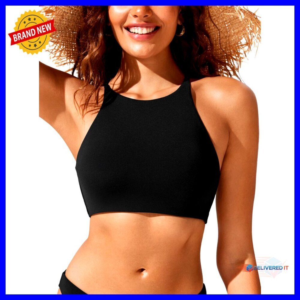 Medium High Neck Bikini Top, Padded Crisscross Tie Back Swim Bra